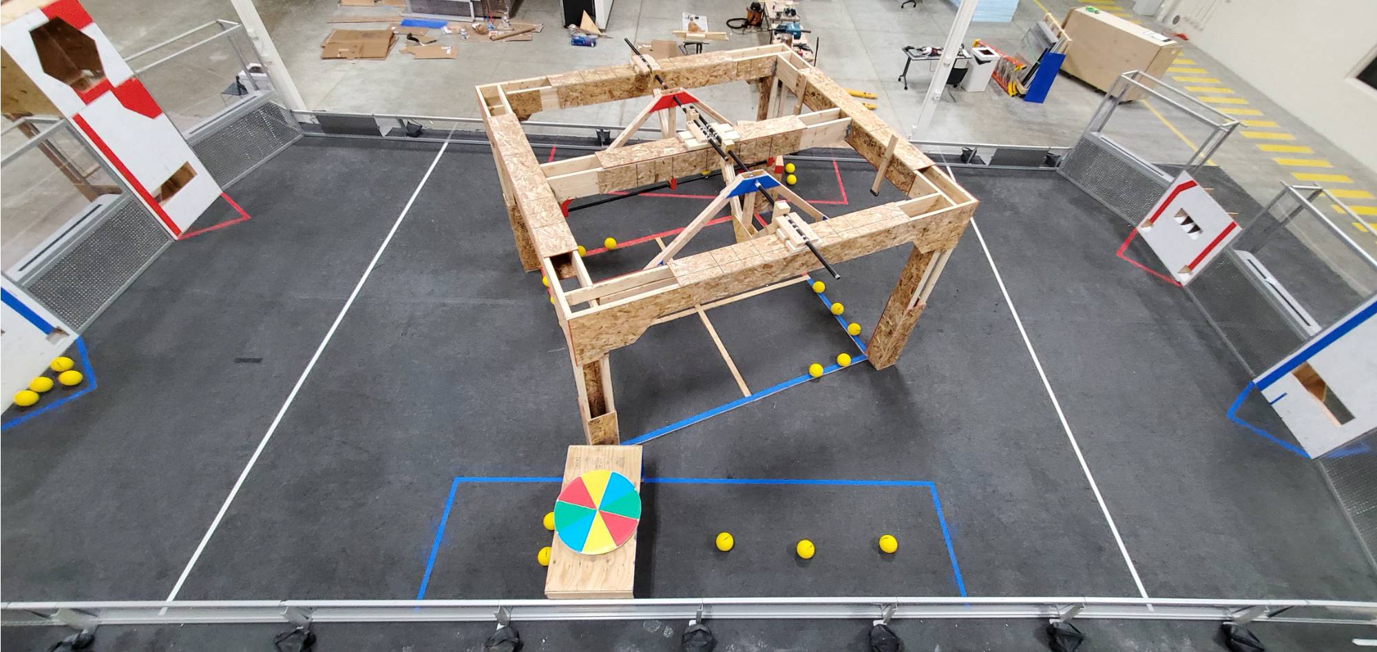 aerial view of the FIRST Robotics field set up in the k-12 outreach center